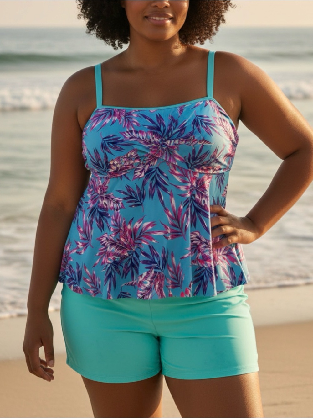 Women's 2XL Turquoise Floral Tankini Top with Mint Swim Shorts